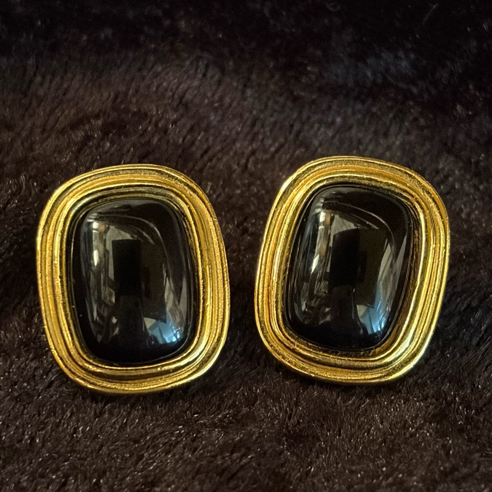 Signed Trifari Black and Gold Statement Earrings